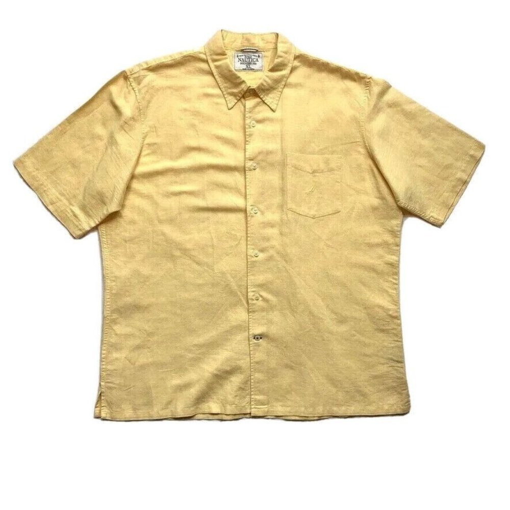 Nautica Linen Blend Shirt Mens XL‎ Button Up Short Sleeve Pocket Summer Yellow